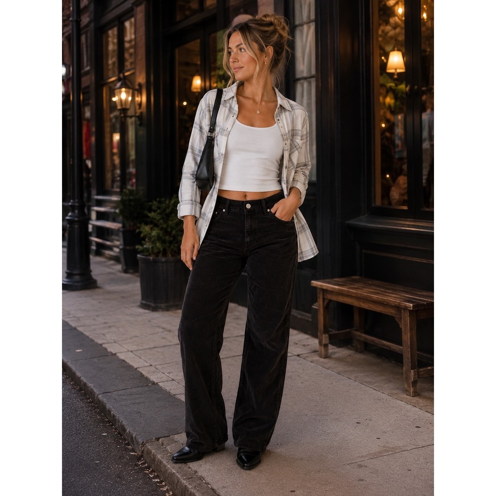 Gloria Vanderbilt Black Corduroy Wide Leg Pants Rhinestone Button Detail Womens